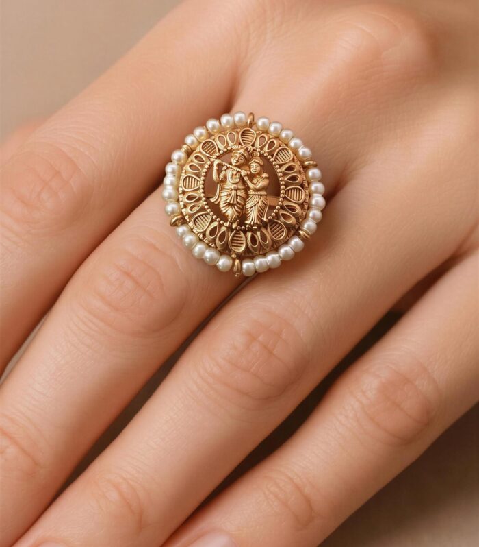 Antique gold temple jewellery ring with divine couple motif and pearl border by Samaya Jewellery