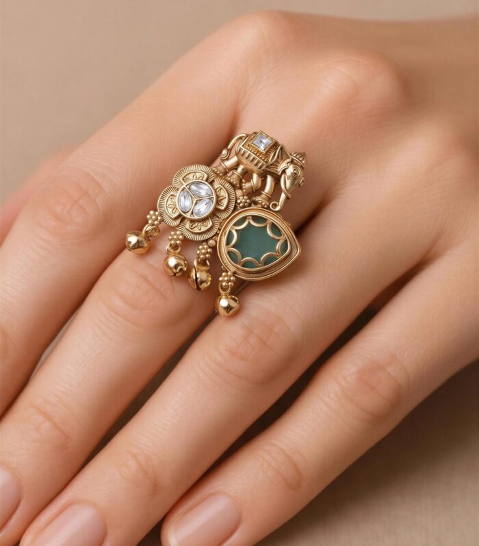 Gold elephant motif statement ring with teal stone and tassels by Samaya Jewellery