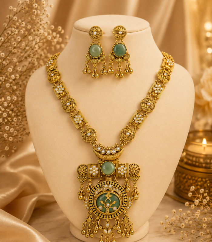 Antique gold bridal necklace set with green cabochon pendant and pearl detailing by Samaya Jewellery