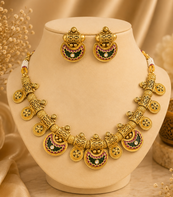 Antique gold necklace set with crescent pendants green and ruby stones by Samaya Jewellery