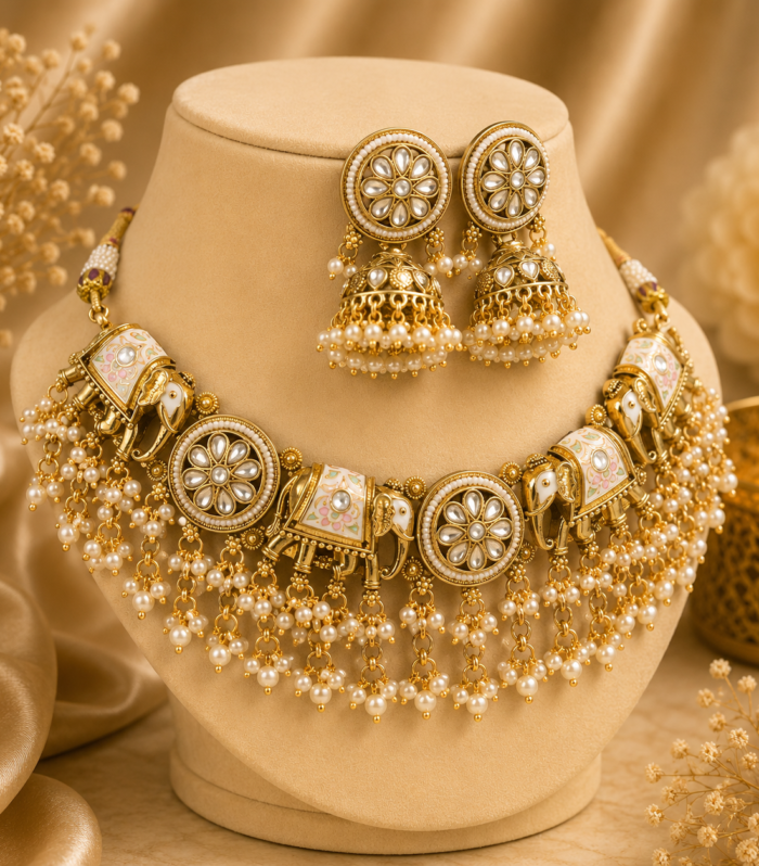 Gold meenakari elephant motif kundan necklace set with pearl fringe and jhumka earrings by Samaya Jewellery