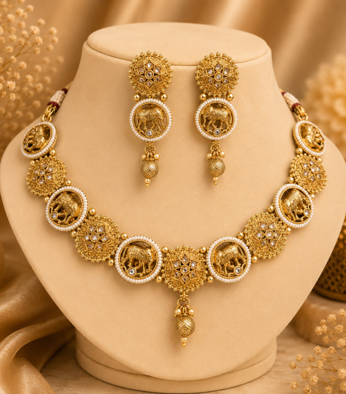 Gold elephant motif necklace set with pearl border and kundan medallions by Samaya Jewellery