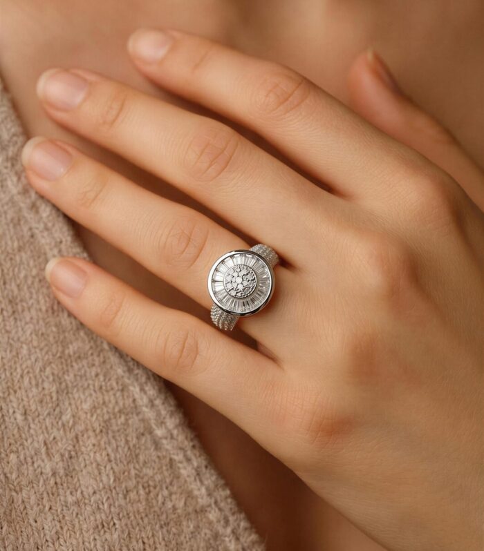 White gold Art Deco sunburst cocktail ring with baguette and pave stones by Samaya Jewellery